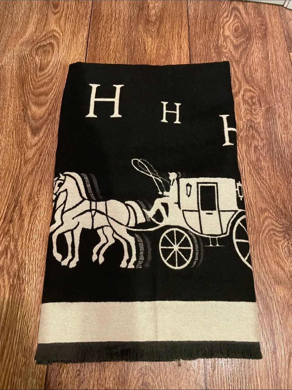 Luxury Black & Cream Soft Scarf with Horse and Carriages Motif